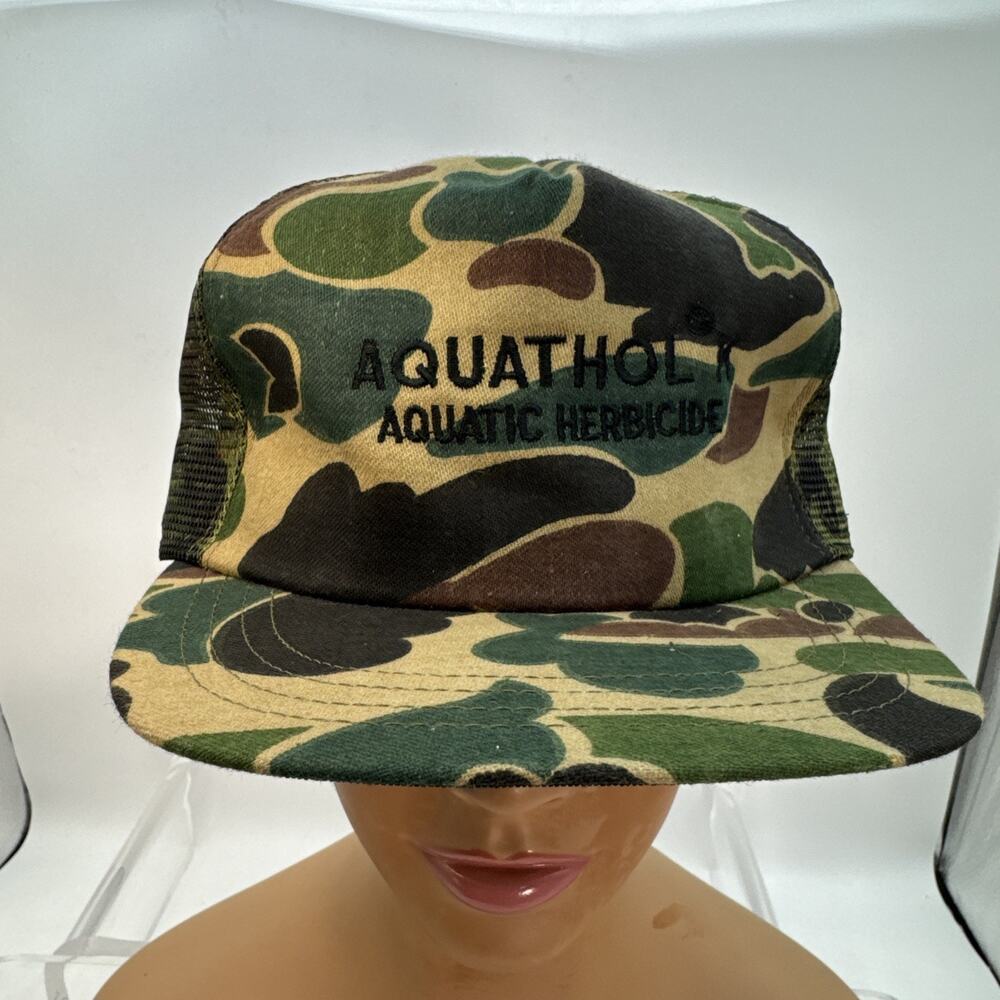 Vtg Aquathol Hydrothol Aquatic Herbicide Hat Camo Snapback Trucker Cap USA